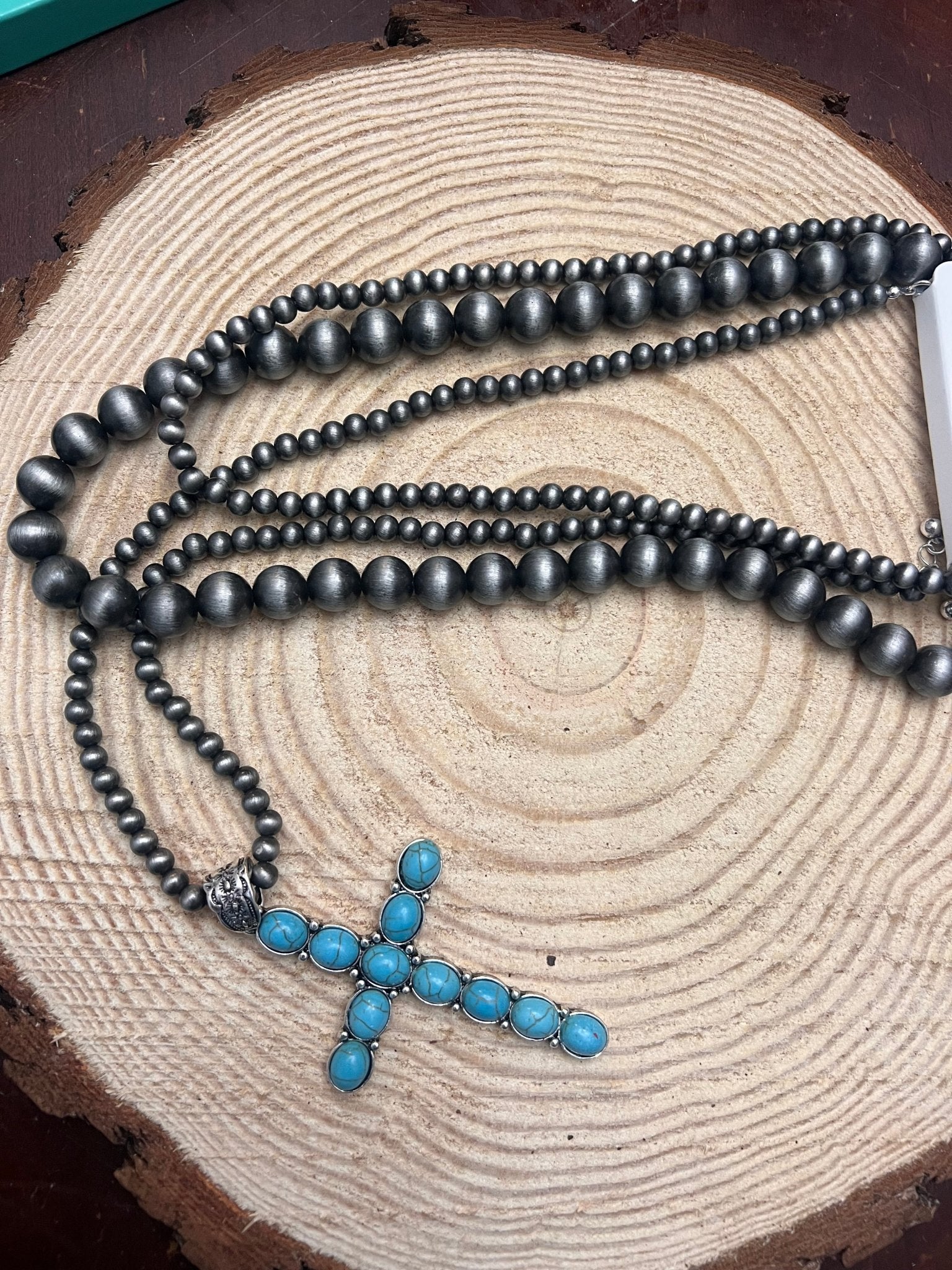 3 Layered Necklace with Faux Turquoise Cross Pendant - 16, 18 and 26 inch