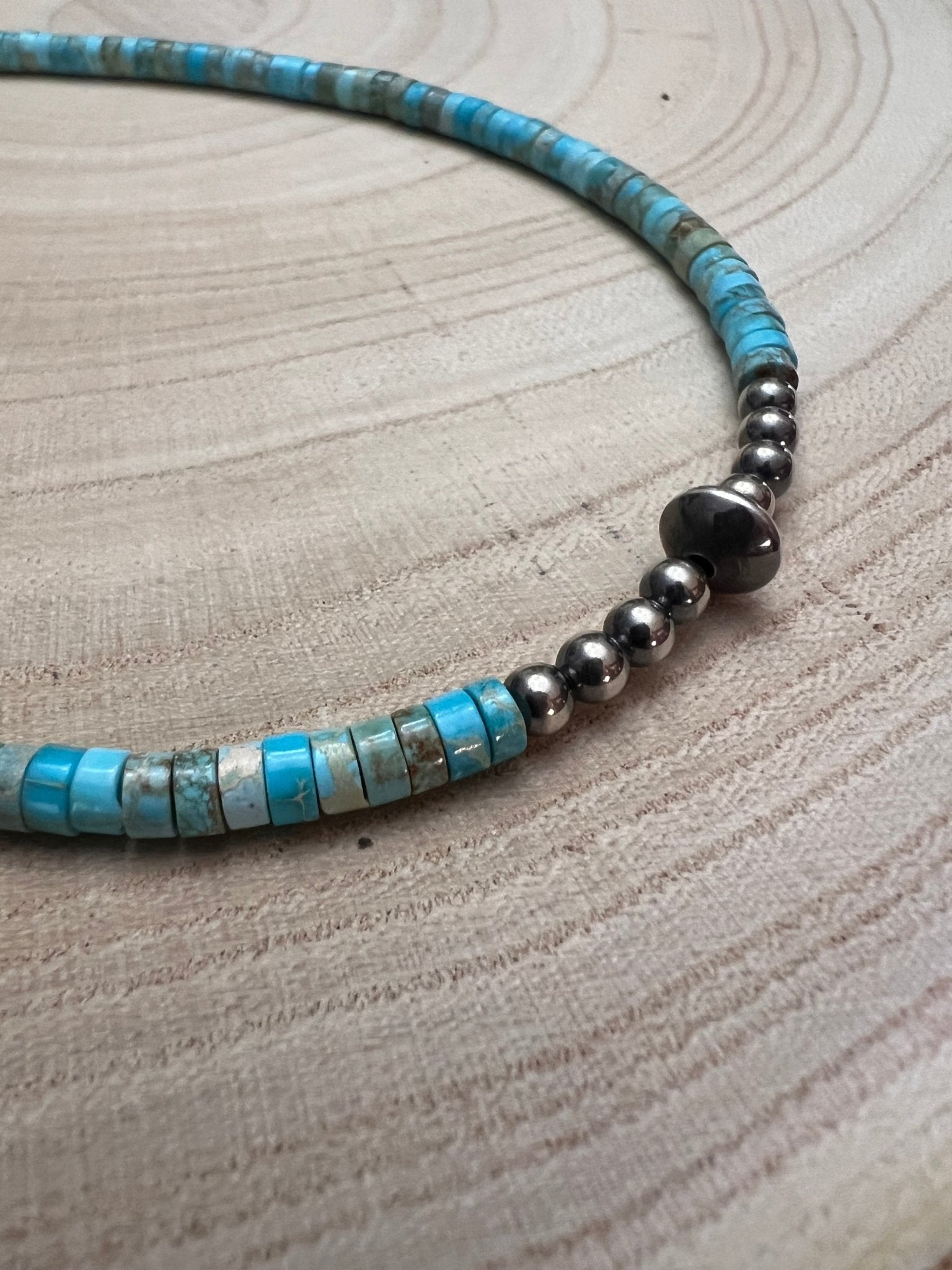 4mm Sterling Pearls and Sterling Saucer Accent Bead Turquoise Choker - 14 inch