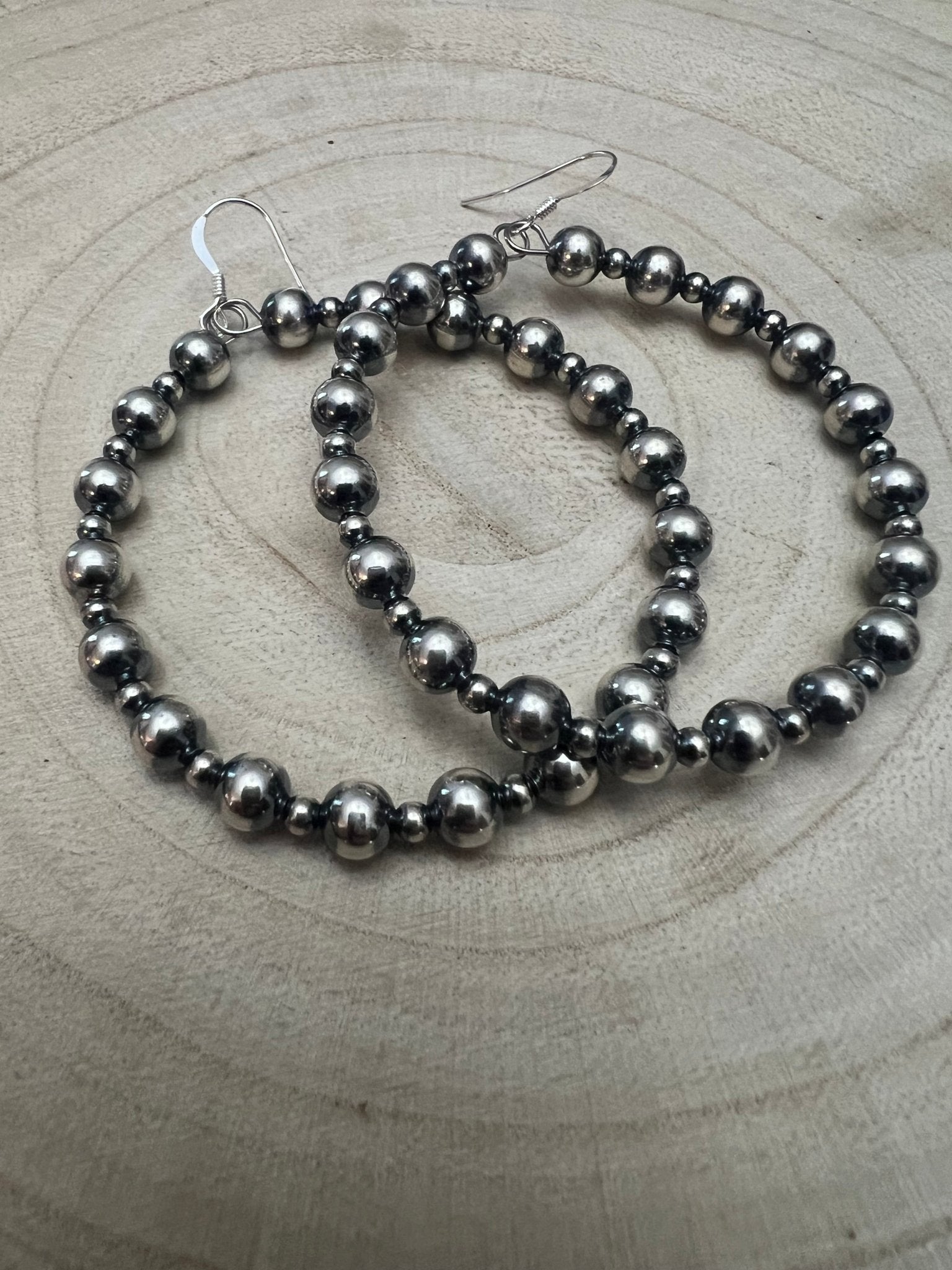 6mm and 3mm Sterling Silver Pearl Hoop Earrings - 2 inch drop