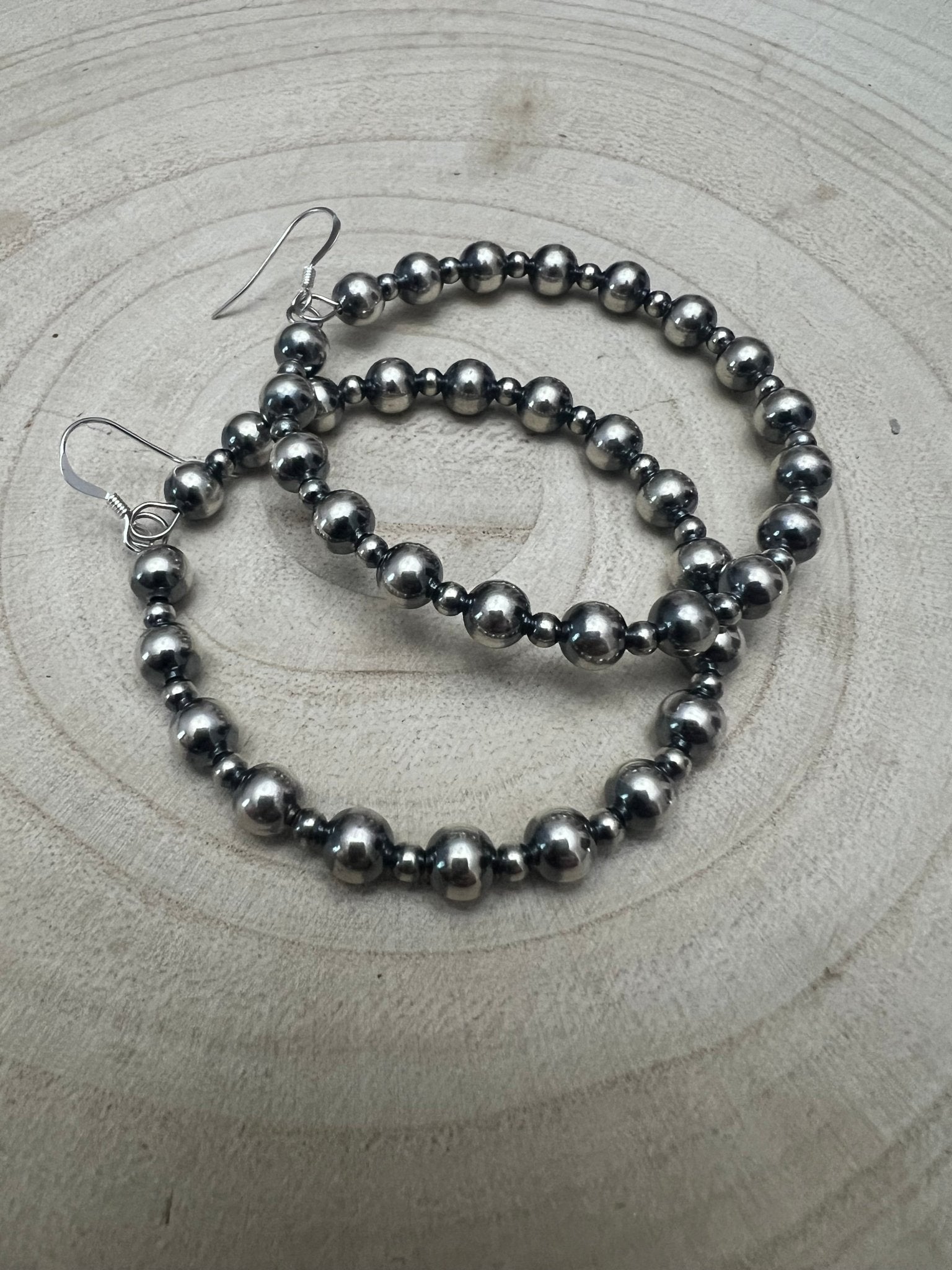 6mm and 3mm Sterling Silver Pearl Hoop Earrings - 2 inch drop