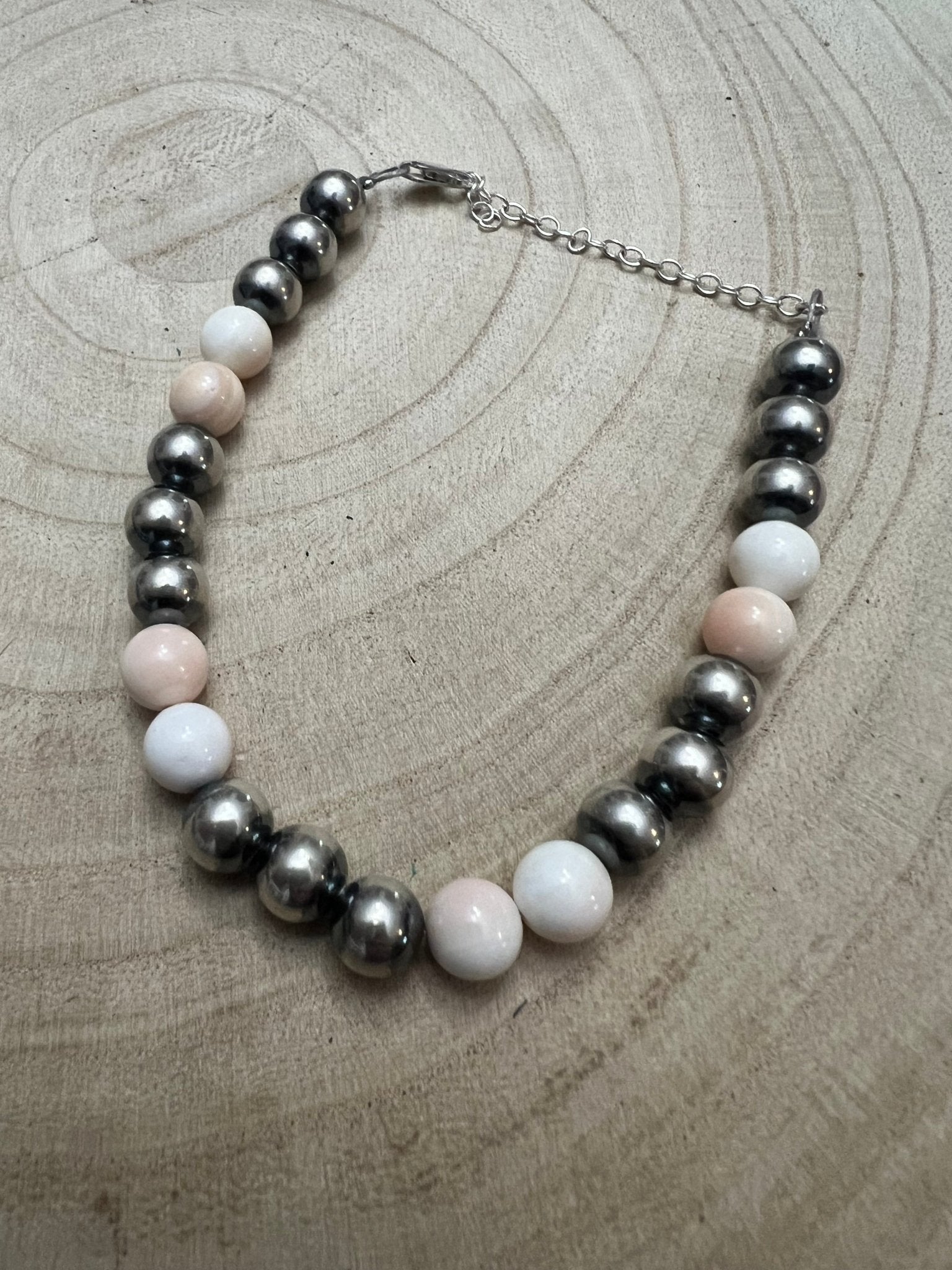 8mm Sterling Silver Pearls bracelet with pink conch beads - 6 inch bracelet